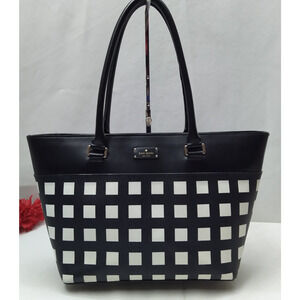 Kate Spade Black Leather Checkered Double Handles Zipper Closure Tote Bag